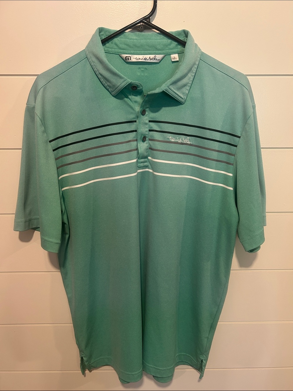 Travis Mathew Teal Green Striped Performance Polo